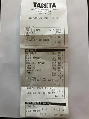 A receipt of a body composition analyzer.